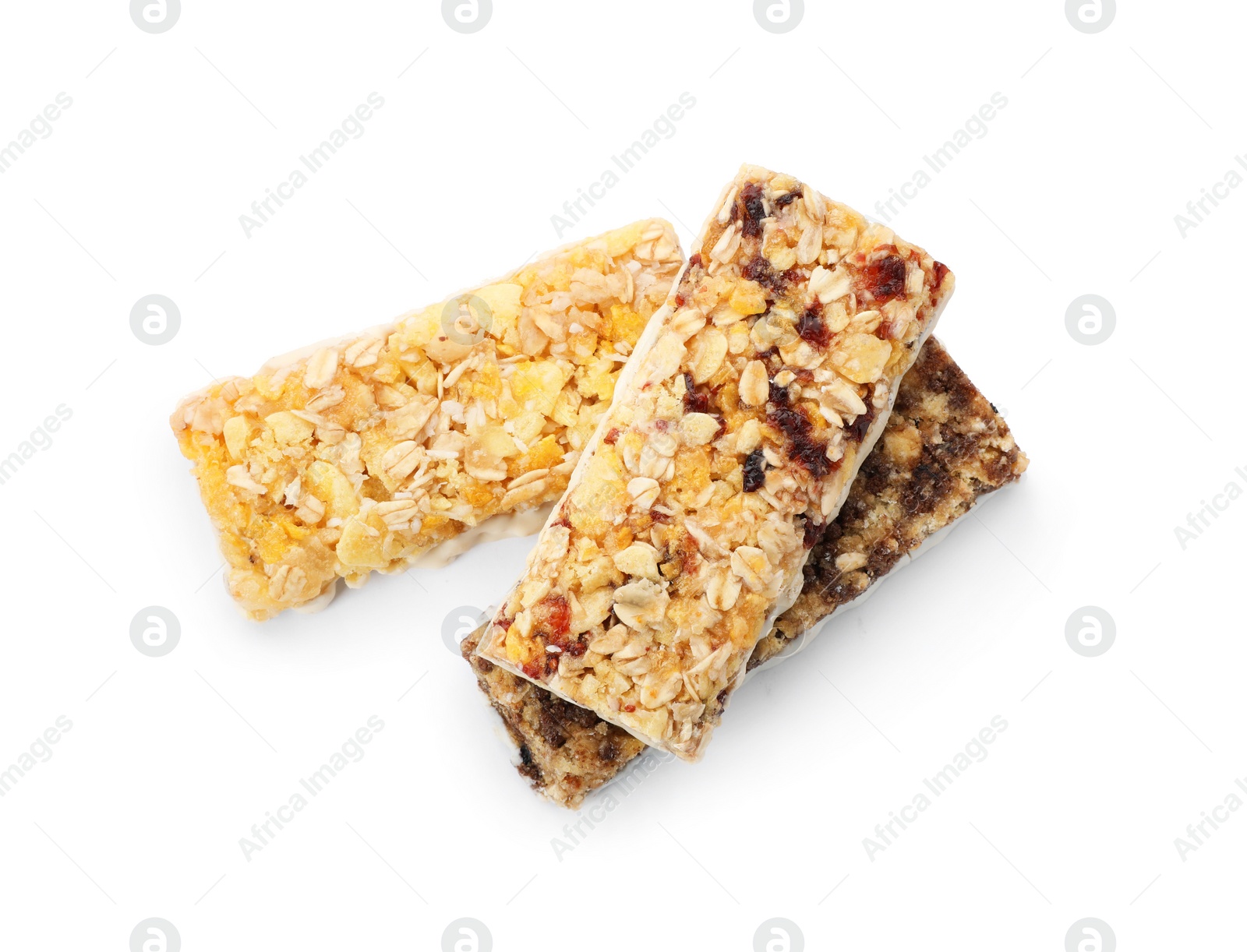 Photo of Tasty protein bars on white background, top view