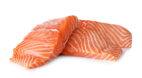 Photo of Fresh raw salmon on white background. Fish delicacy