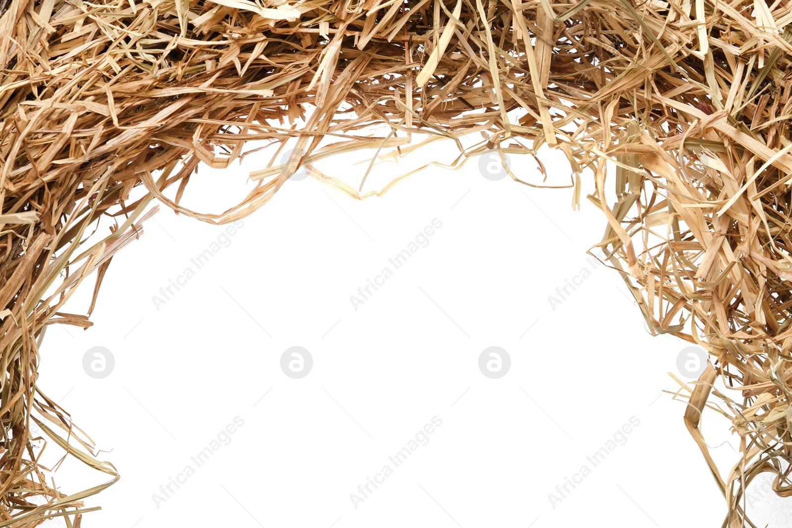 Photo of Dried hay on white background, top view. Space for text