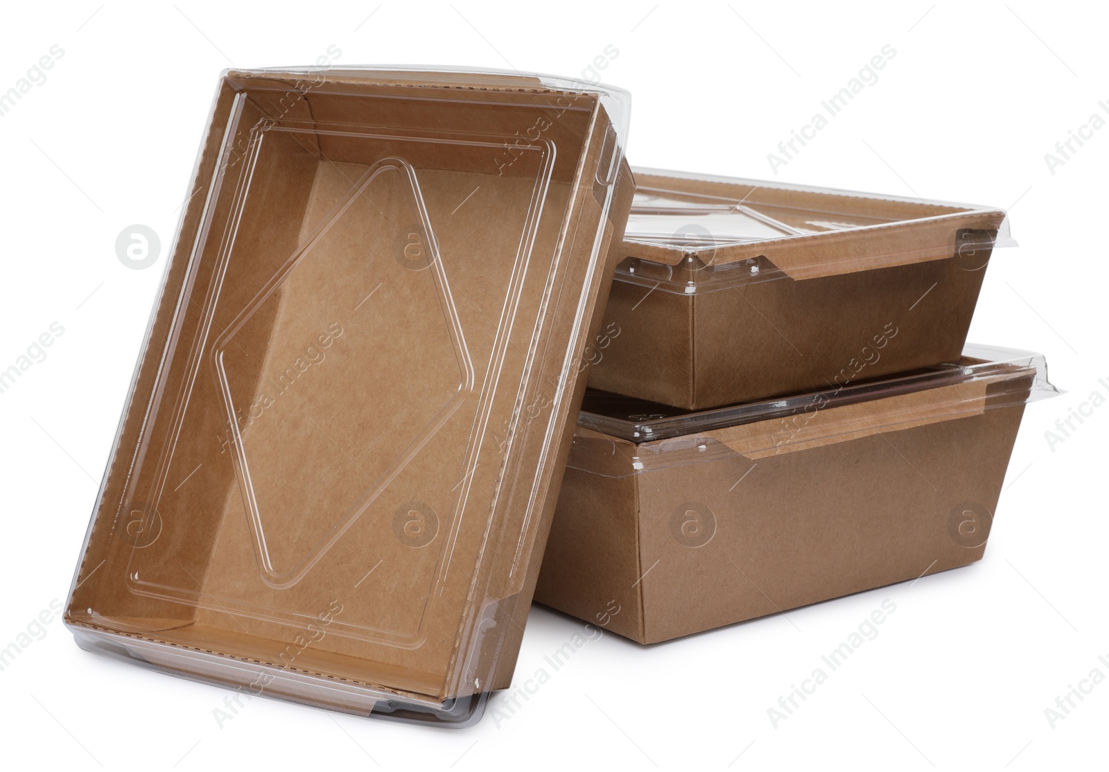 Photo of Empty paper containers for food on white background