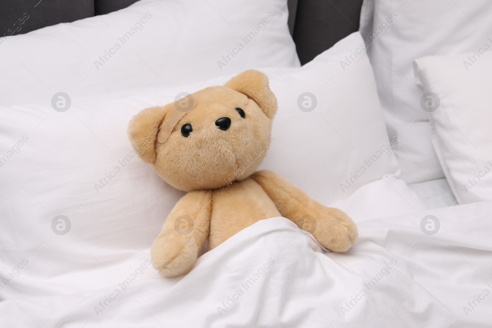 Photo of Toy cute bear with sticking plaster under blanket in bed