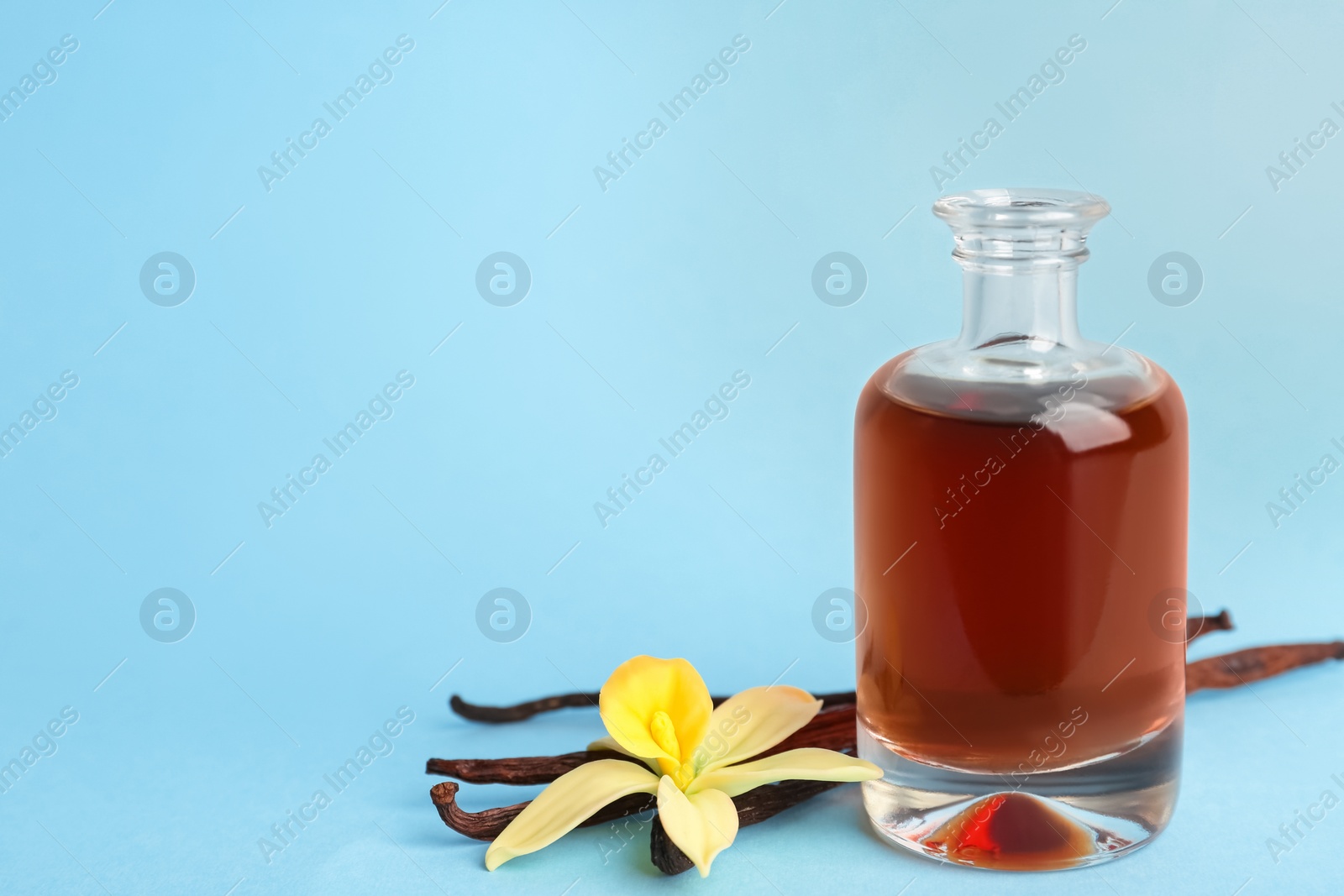 Photo of Aromatic homemade vanilla extract on light blue background. Space for text
