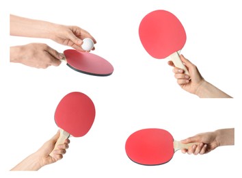 Image of Collage with photos of women holding ping pong rackets and ball on white background
