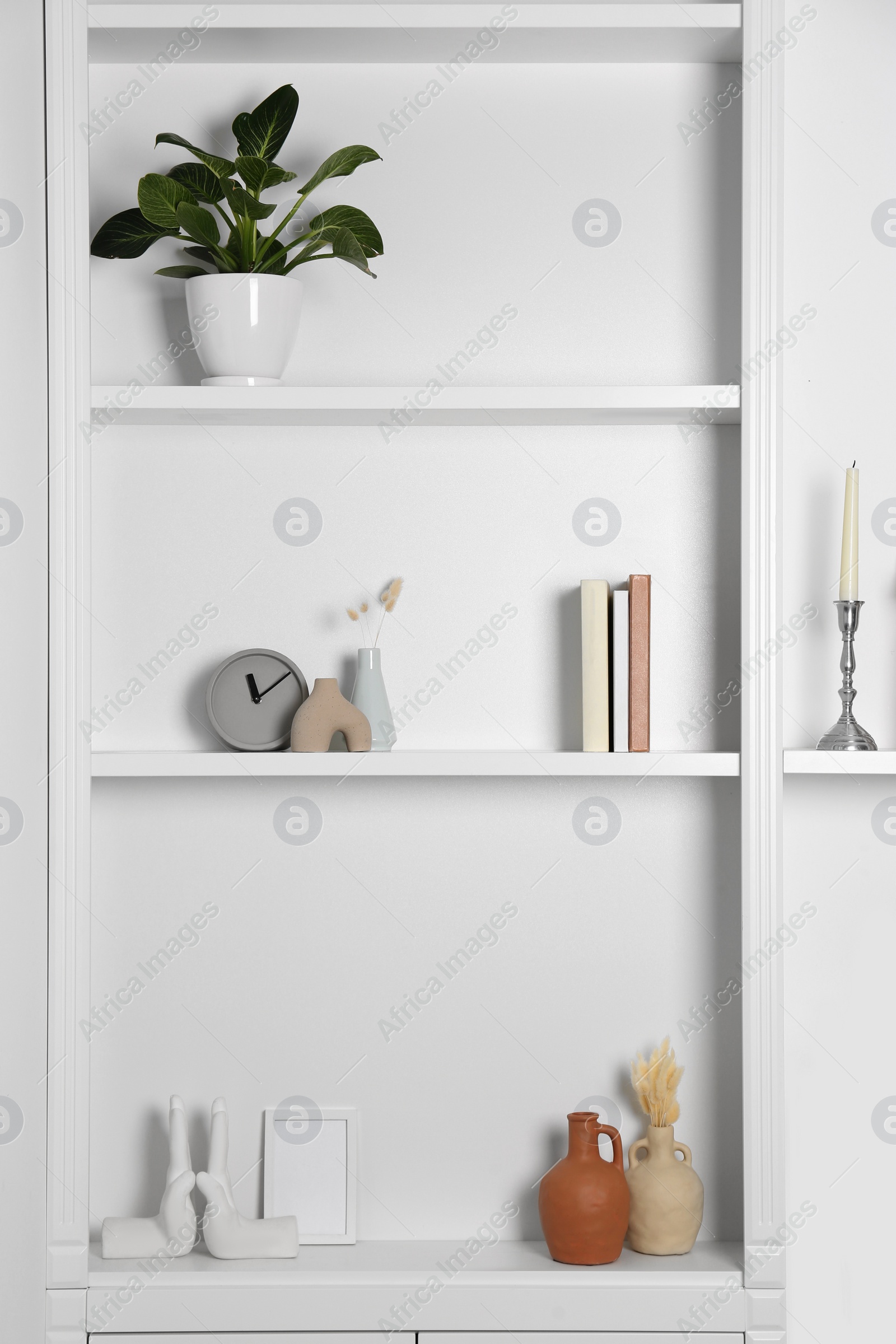 Photo of Shelving unit with houseplant and different decor indoors. Interior design