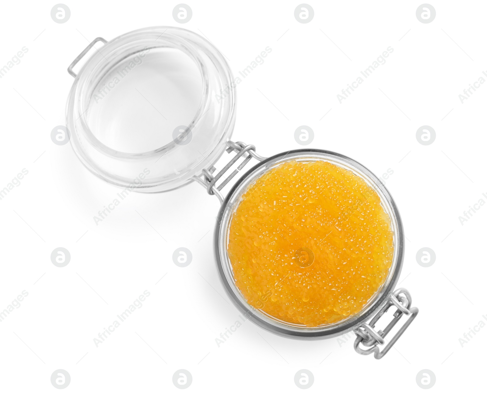 Photo of Fresh pike caviar in glass jar isolated on white, top view