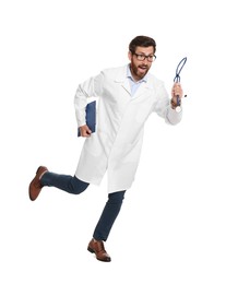 Photo of Doctor with stethoscope and clipboard running on white background