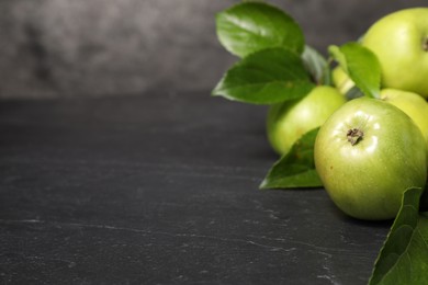 Photo of Ripe green apples with leaves on dark grey table, closeup. Space for text