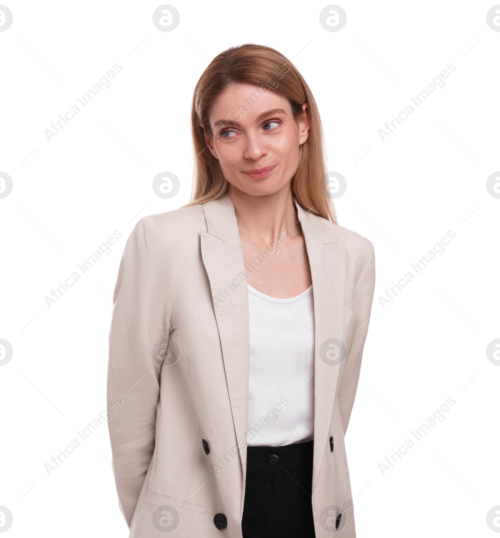 Photo of Portrait of beautiful shy businesswoman on white background