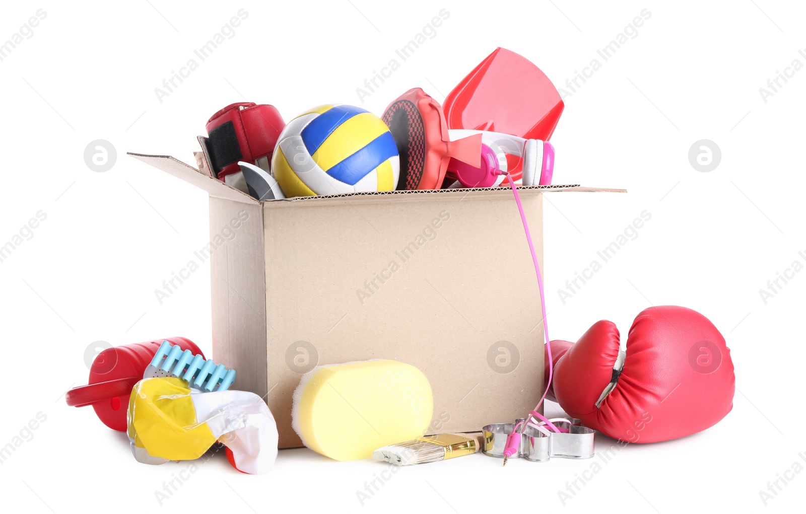 Photo of Box of unwanted stuff isolated on white