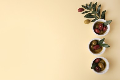 Bowls with different ripe olives and leaves on beige background, flat lay. Space for text