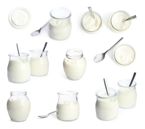 Image of Set of delicious natural yogurt on white background