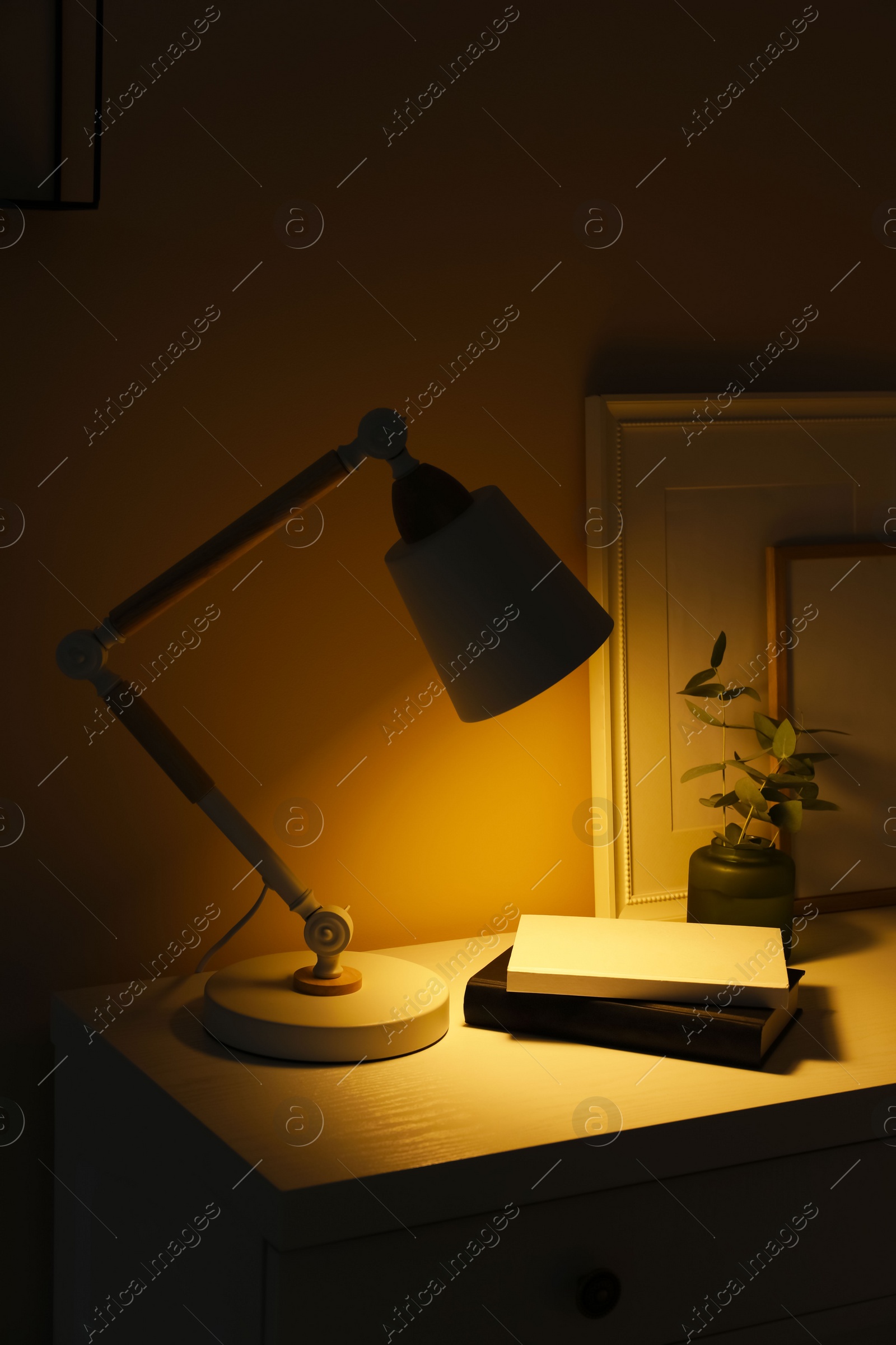 Photo of Stylish modern desk lamp, books and plant on white chest of drawers in dark room