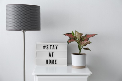 Houseplant and lightbox with hashtag STAY AT HOME on table indoors. Message to promote self-isolation during COVID‑19 pandemic