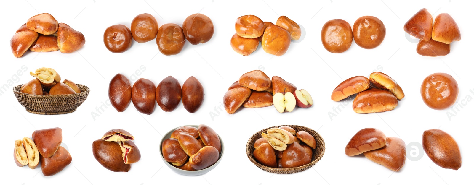 Image of Set with  delicious baked pirozhki on white background. Banner design