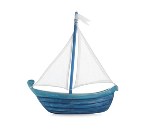 Photo of Blue sailboat isolated on white. Child's toy