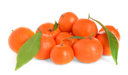 Photo of Pile of fresh juicy tangerines isolated on white
