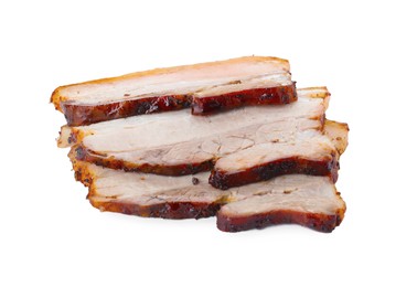 Photo of Slices of tasty baked pork belly isolated on white