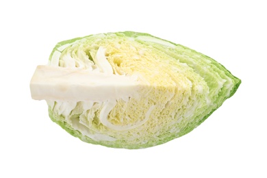 Photo of Fresh cut savoy cabbage on white background