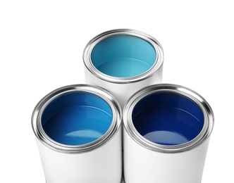 Open paint cans on white background, closeup