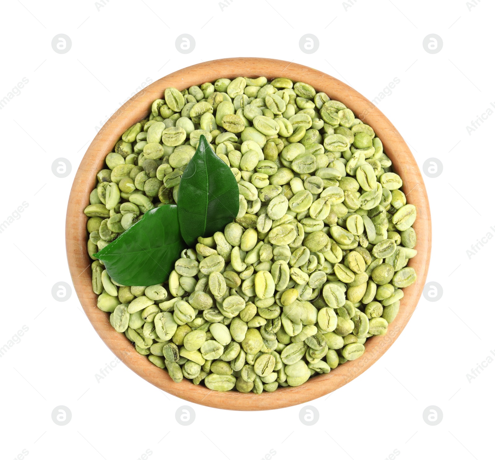 Photo of Green coffee beans with leaves in wooden bowl on white background, top view