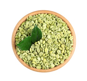 Green coffee beans with leaves in wooden bowl on white background, top view