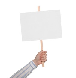 Photo of Woman holding blank protest sign on white background, closeup