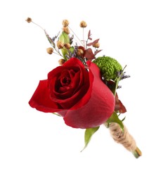 Stylish boutonniere with red rose isolated on white