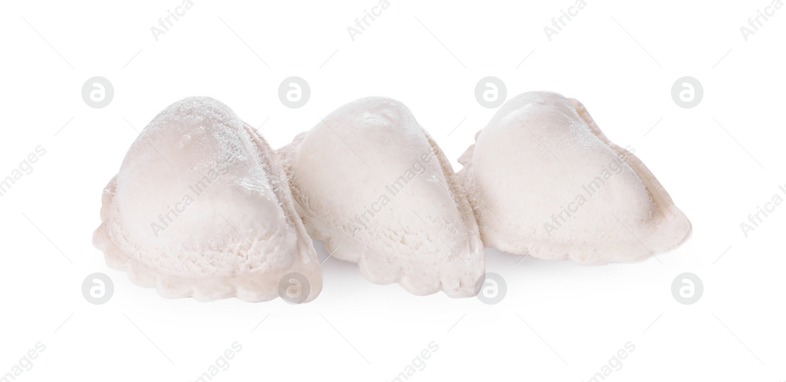 Photo of Raw delicious dumplings (varenyky) on white background