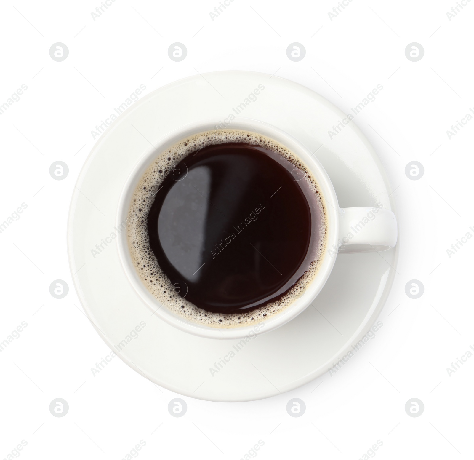 Photo of Cup of aromatic coffee isolated on white, top view