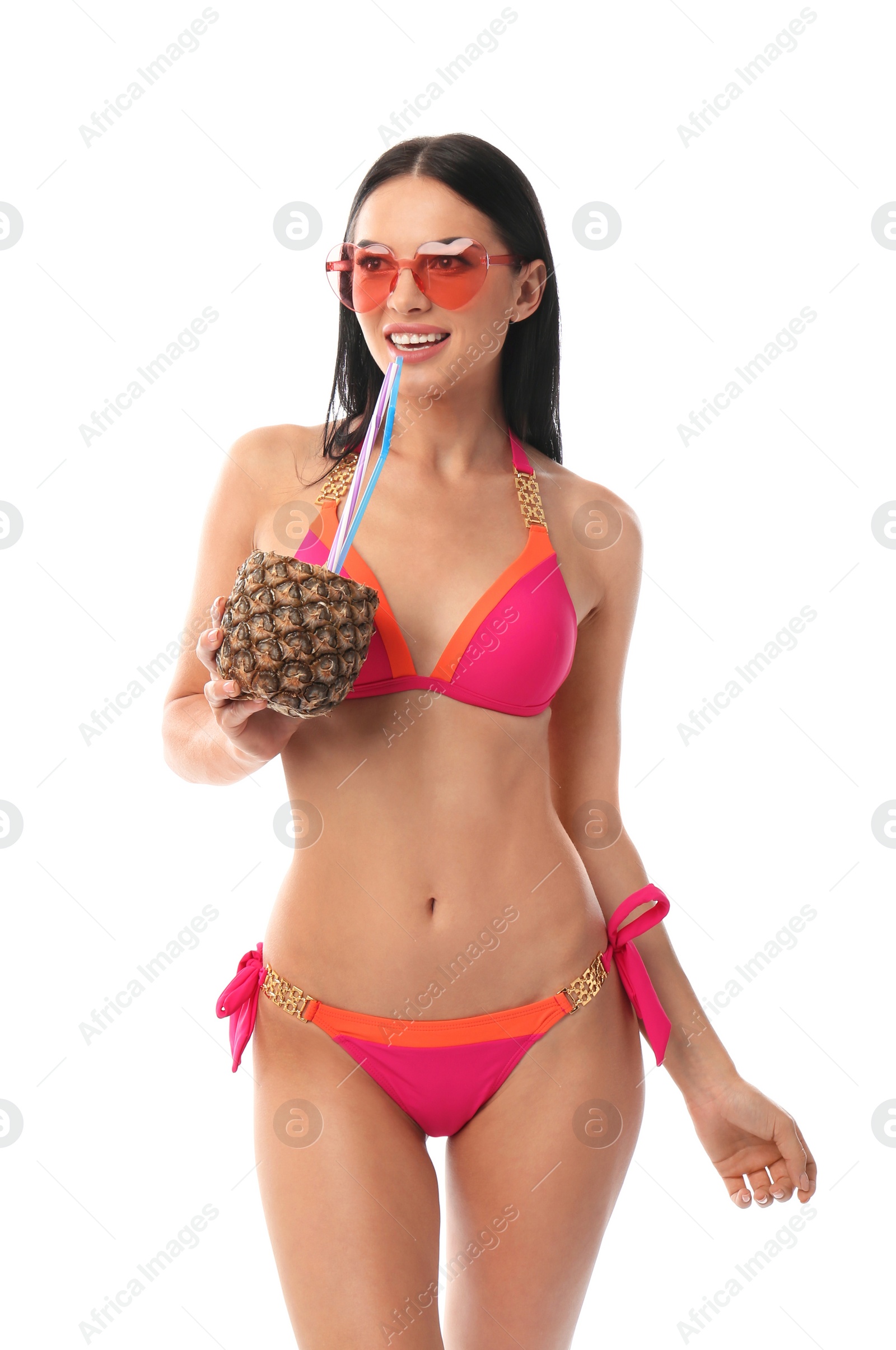 Photo of Beautiful young woman in stylish bikini with cocktail on white background