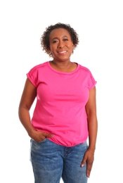 Photo of Portrait of happy African-American woman on white background