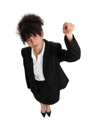 Beautiful businesswoman pointing at something on white background, above view