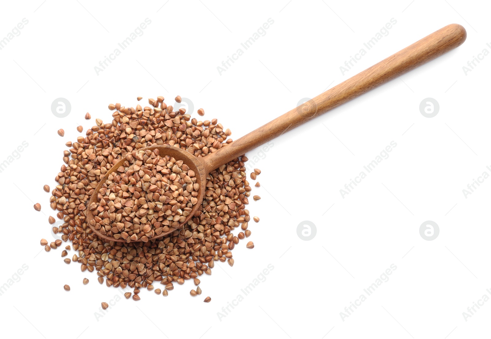 Photo of Raw buckwheat grains on white background, top view