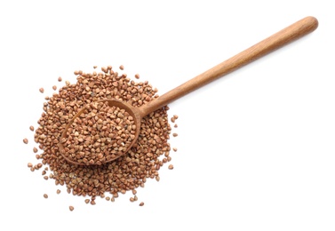 Raw buckwheat grains on white background, top view