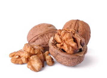 Walnuts in shell and kernels on white background, Organic snack