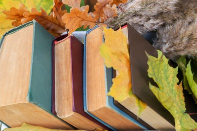 Photo of Different books and maple leaves, closeup. Autumn atmosphere