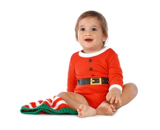 Photo of Cute little baby wearing festive Christmas costume on white background