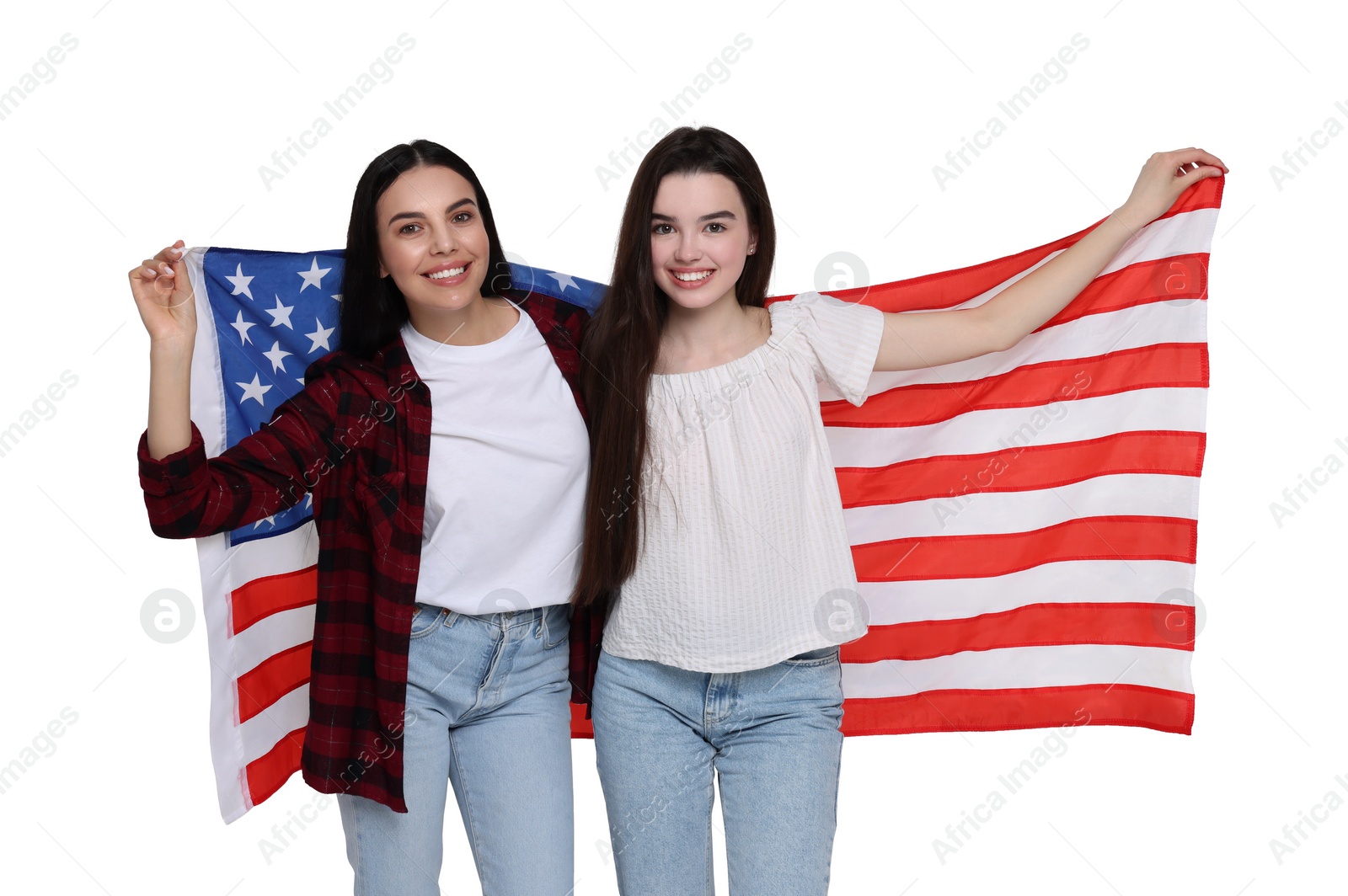 Image of 4th of July - Independence day of America. Happy mother and daughter with national flag of United States on white background