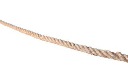 Photo of Strong nautical cotton rope on white background