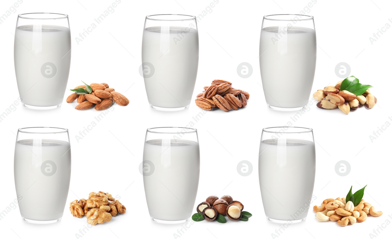 Image of Set with different types of vegan milk and nuts on white background. Banner design