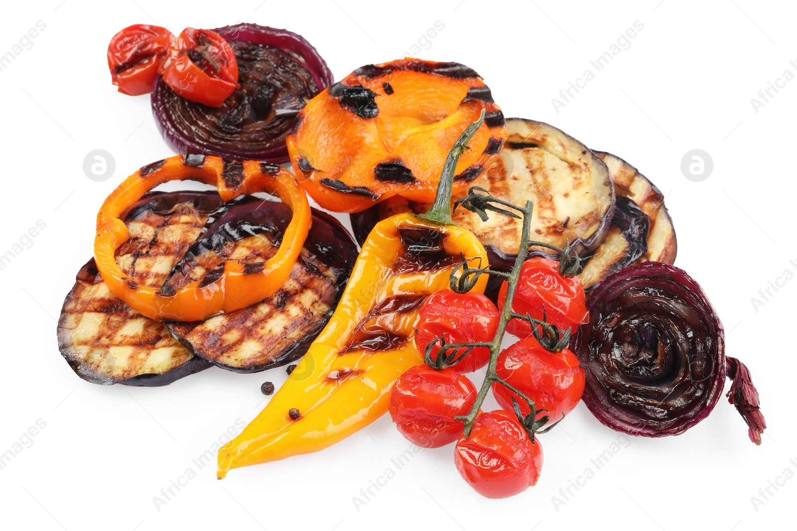 Photo of Different delicious grilled vegetables isolated on white