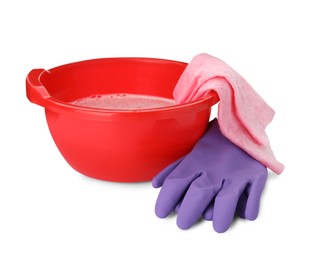 Photo of Red basin with detergent, rag and gloves on white background