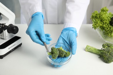 Photo of Scientist with broccoli at table in laboratory, closeup. Poison detection
