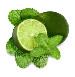 Image of Fresh ripe limes and green mint leaves isolated on white