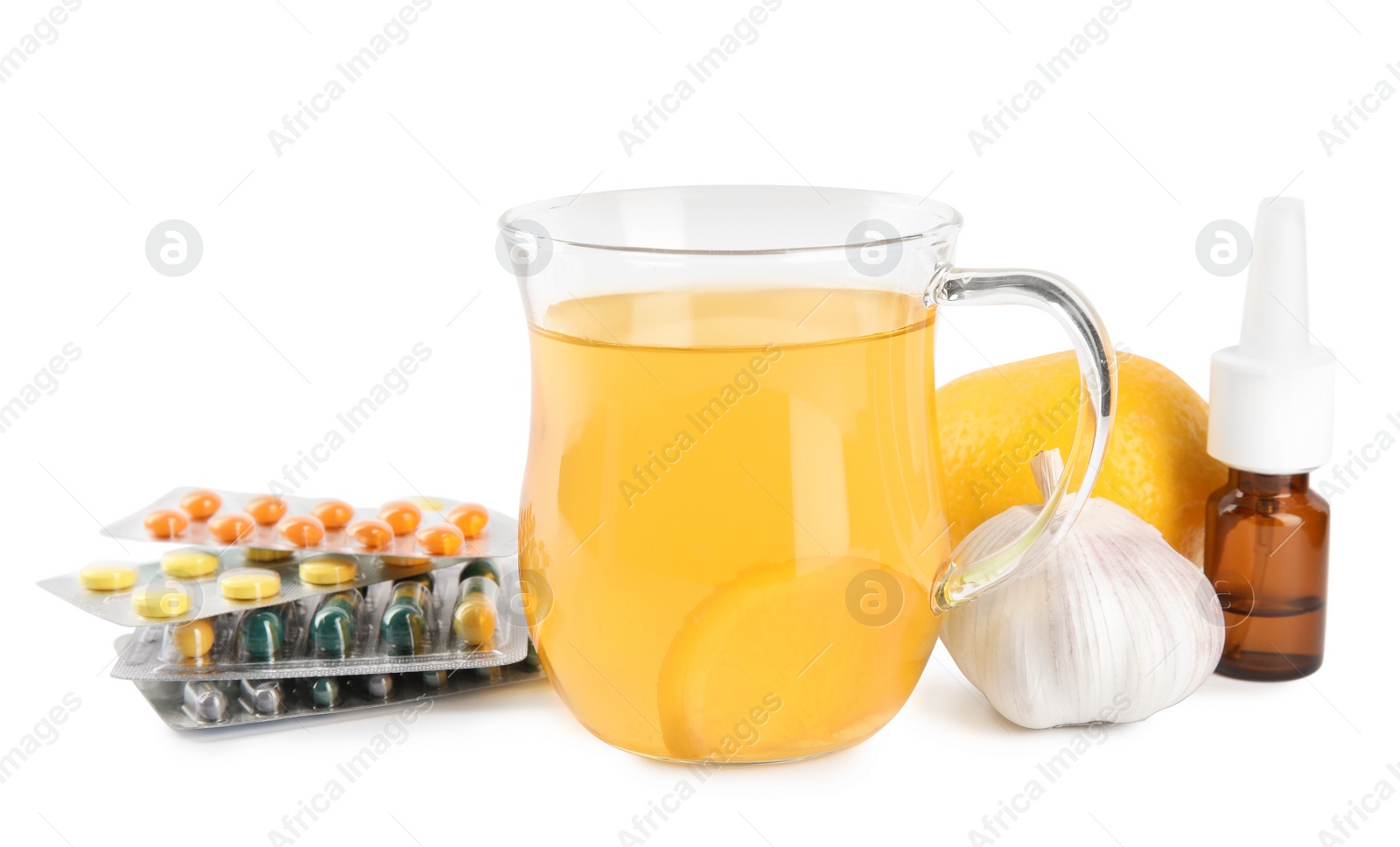 Photo of Composition with cold remedies on white background. Sore throat treatment