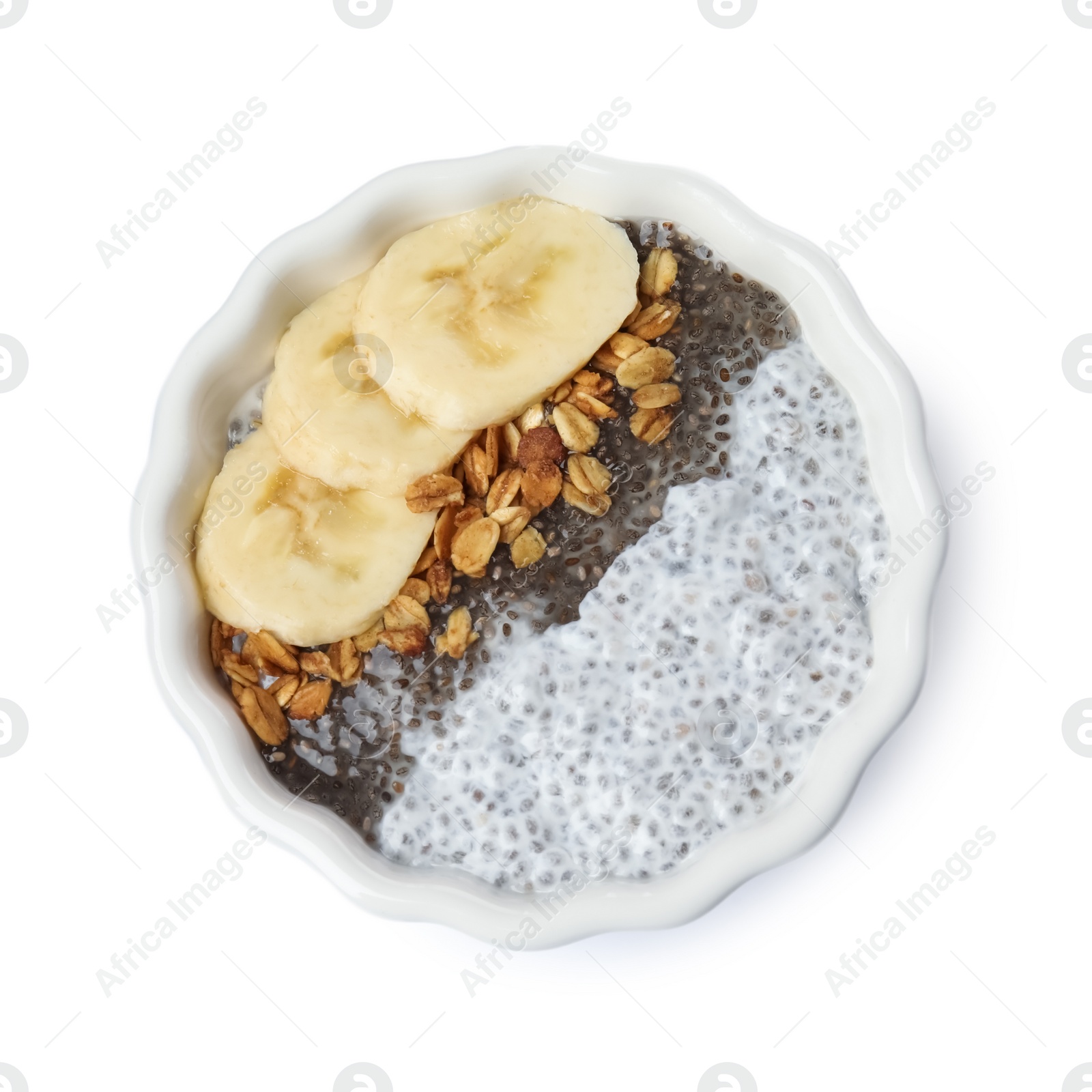 Photo of Bowl of tasty chia seed pudding with granola and banana on white background, top view