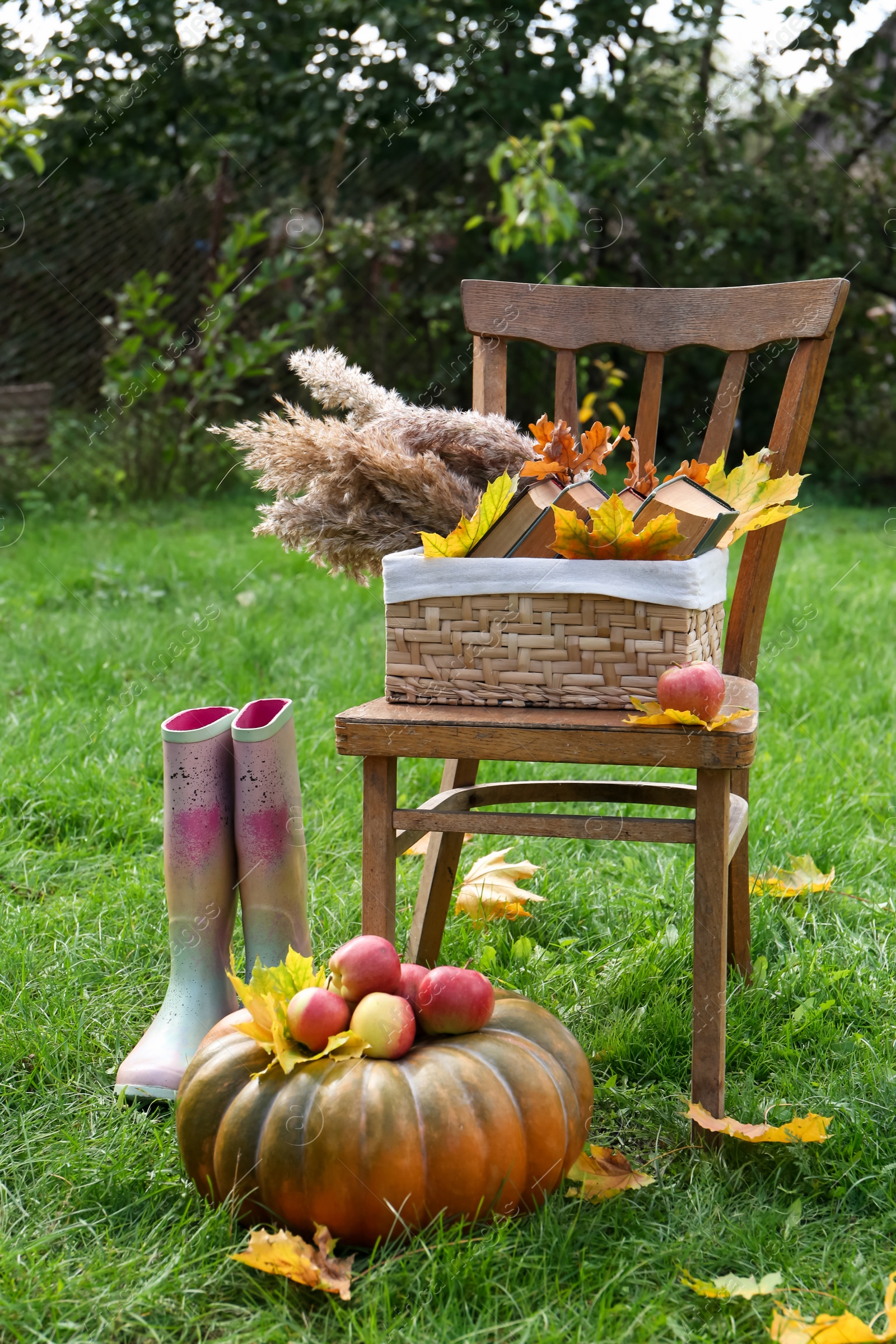 Photo of Rubber boots, chair, pumpkin and apples on green grass outdoors. Autumn atmosphere