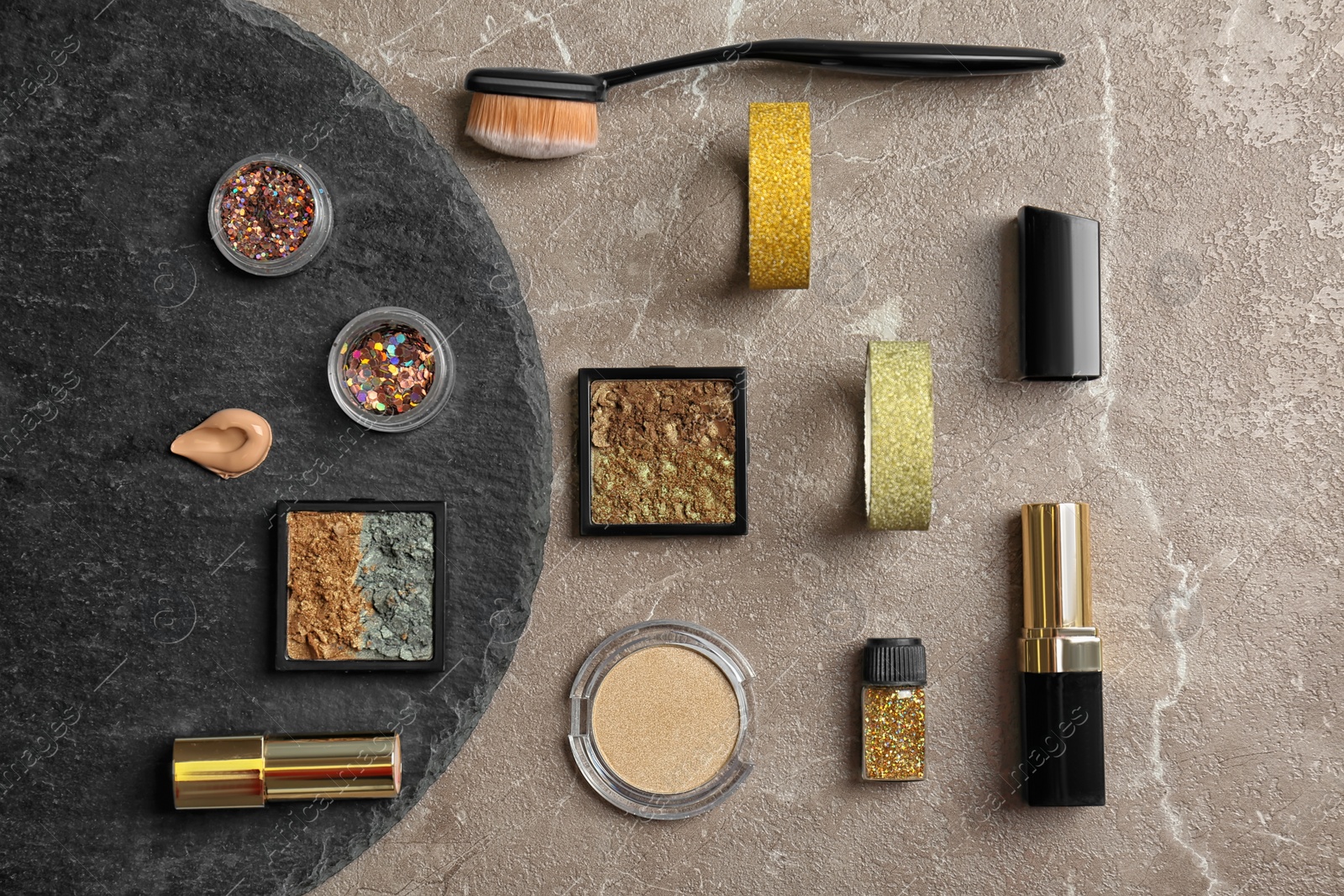 Photo of Flat lay composition with cosmetic products on grey background