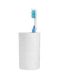 Photo of One plastic toothbrush in holder isolated on white