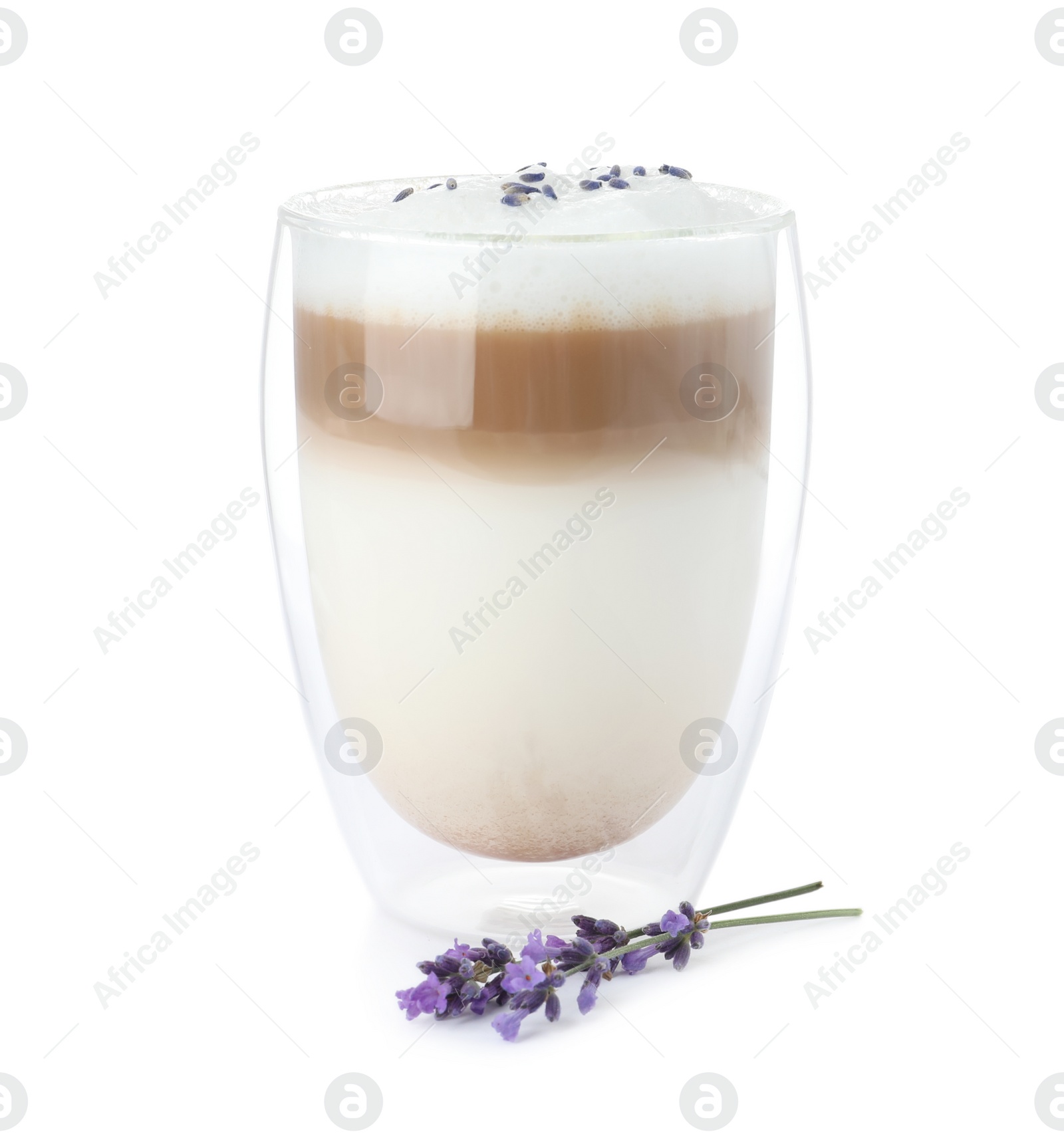 Photo of Delicious latte with lavender isolated on white